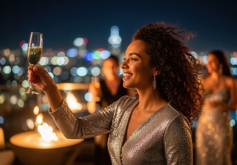 Joyful woman celebrating with champagne at night rooftop party