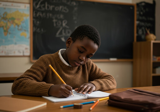 Focused elementary school boy writing in classroom with chalkboard and map