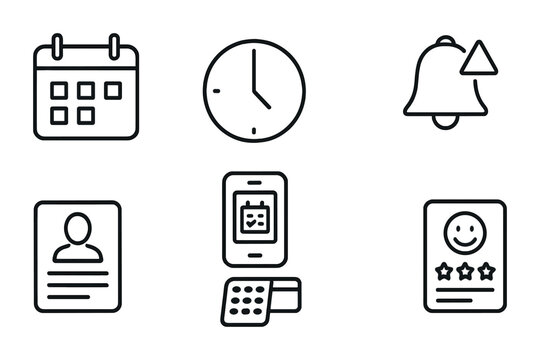 Salon Management Icons. Outline icon set of salon appointment management: calendar, clock, booking app,