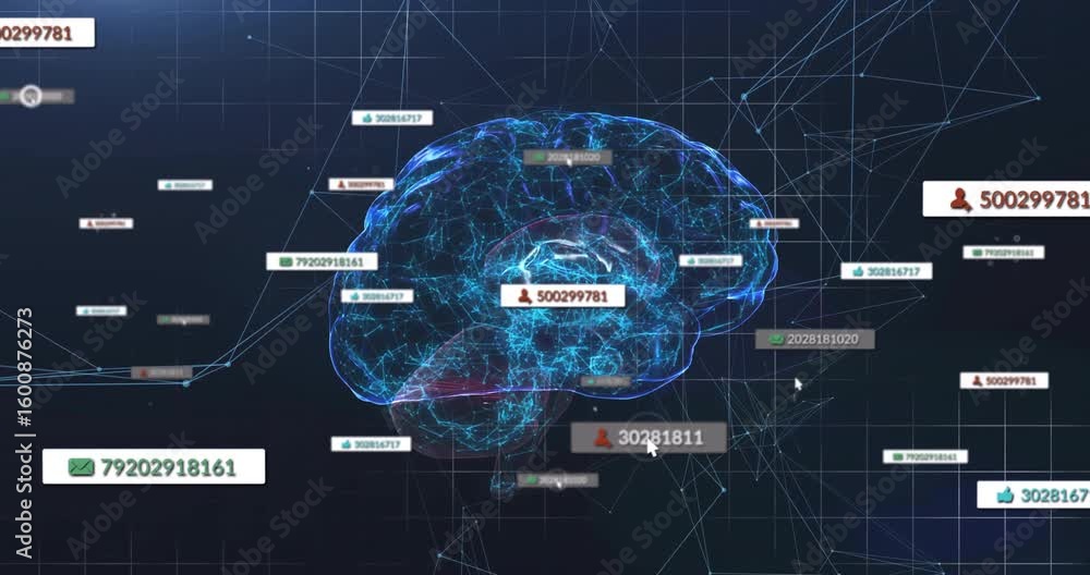 Poster sequence starting hologram brain appearing while data tags sliding orbiting visualizing network