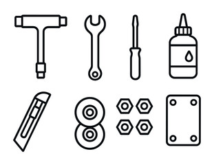 Skateboard Tools Icons. Outline icon set of skateboard maintenance tools: skate tool, wrench, screwdriver,