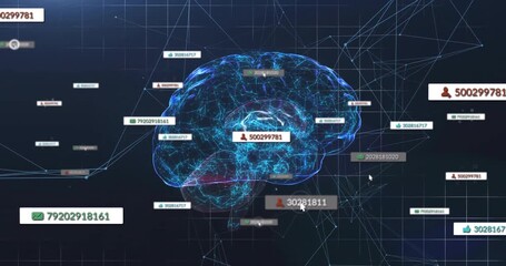 Sequence starting hologram brain appearing while data tags sliding orbiting visualizing network - Powered by Adobe