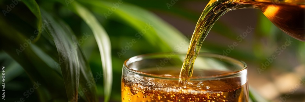 Poster golden liquid cascading into a glass with bubbles, creating a refreshing drink against a blurred gre