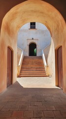Naklejka premium Architectural passage with warm terracotta arches leading to a stone staircase, revealing a distant doorway with soft natural light and intriguing perspective