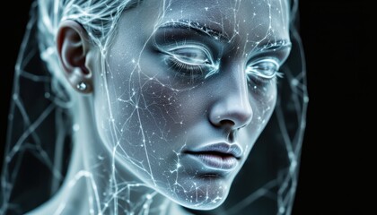 Intricate wire connections on a futuristic woman's face, captivating portrait of technological integration