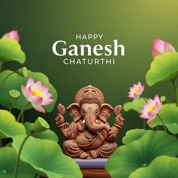 Lord ganesha statue surrounded by pink lotus flowers on ganesh chaturthi