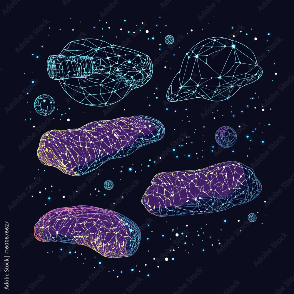 Poster abstract wireframe illustration of meat cuts and bottles surrounded by cosmic stars and planets with