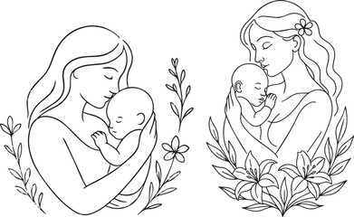 Mother and Baby Embrace Line Art Illustrations with Floral Accents