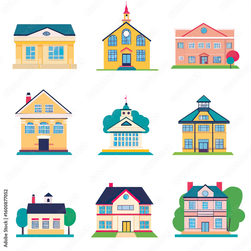 Aufkleber set of nine colorful flat vector illustrations of different school building styles with various arch
