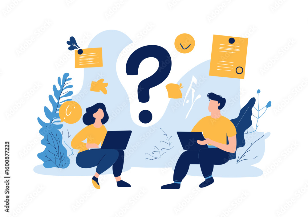 Poster two business people working on laptops with large question mark between them surrounded by floating 