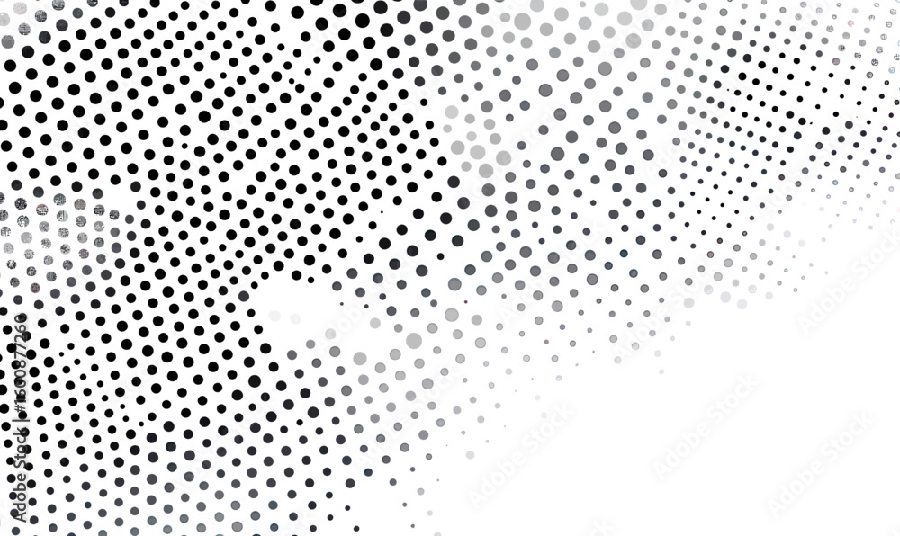 Poster abstract halftone dot pattern with gradient black and gray circles forming seamless minimalist vecto