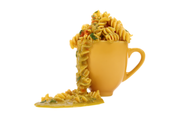 a yellow cup filled with pasta and a spoon