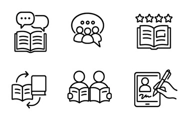 Social Reading Icons. Outline icon set of social reading and sharing: book discussion, group chat, social