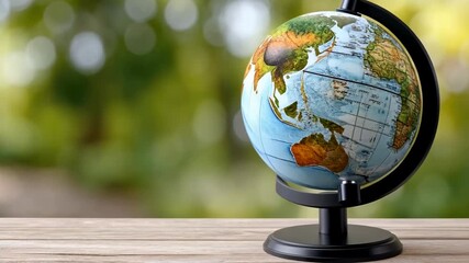 Explore geography with a detailed globe highlighting continents, oceans, and countries while placed on a wooden table outdoors