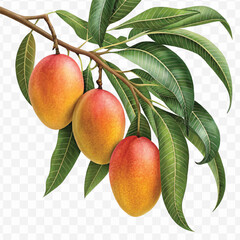 realistic fresh mango hanging from a branch with green leaves in a natural setting isolated on transparent background