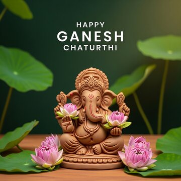 Ganesh chaturthi celebration with lord ganesha idol and lotus flowers