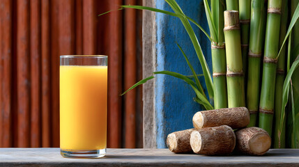 Freshly squeezed orange juice in a clear glass sits on a rustic wooden table beside sugarcane stalks, creating a vibrant and refreshing tropical atmosphere