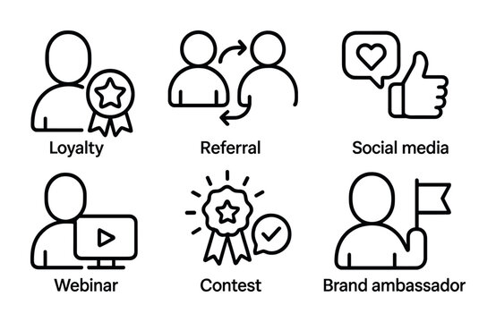 Customer Engagement Icons. Outline icon set of customer engagement: loyalty program, referral, social media
