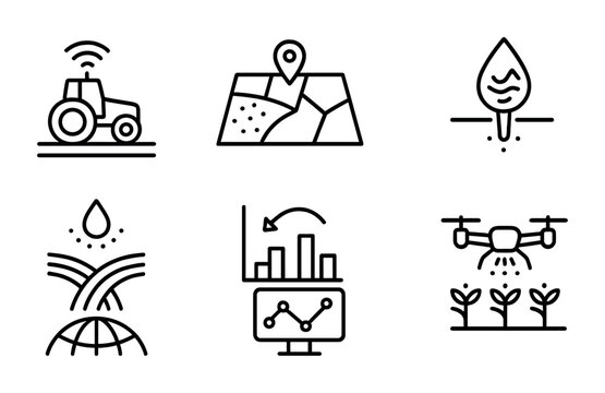Precision Agriculture Icons. Outline icon set of precision agriculture tools: GPS tractor, field mapping,