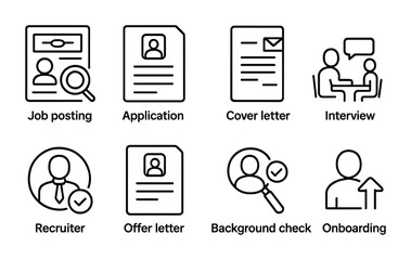 Job Application Icons. Outline icon set of job search and applications: job posting, application form, cover