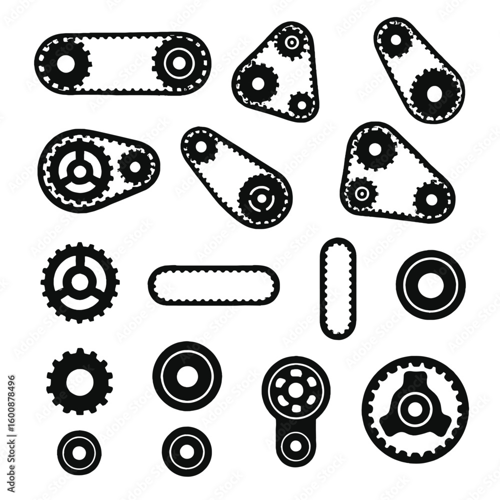 Poster a collection of various mechanical gears and belts illustrating the intricate design of transmission