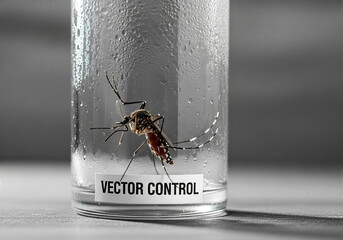 Close-up of mosquito on glass with control label in laboratory setting