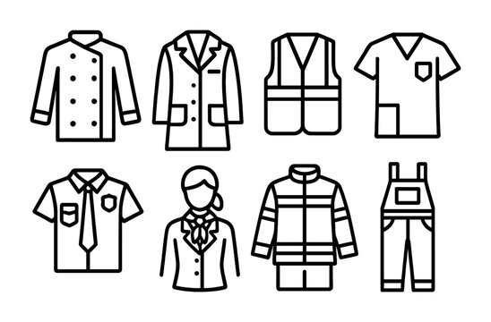 Professional Uniform Icons. Outline icon set of professional uniform styles: chef coat, lab coat, construction