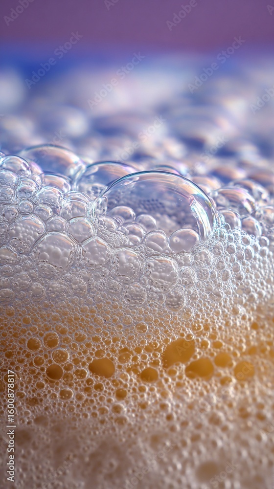 Poster macro shot of effervescent soap bubbles creating a mesmerizing texture with gradient colors from gol