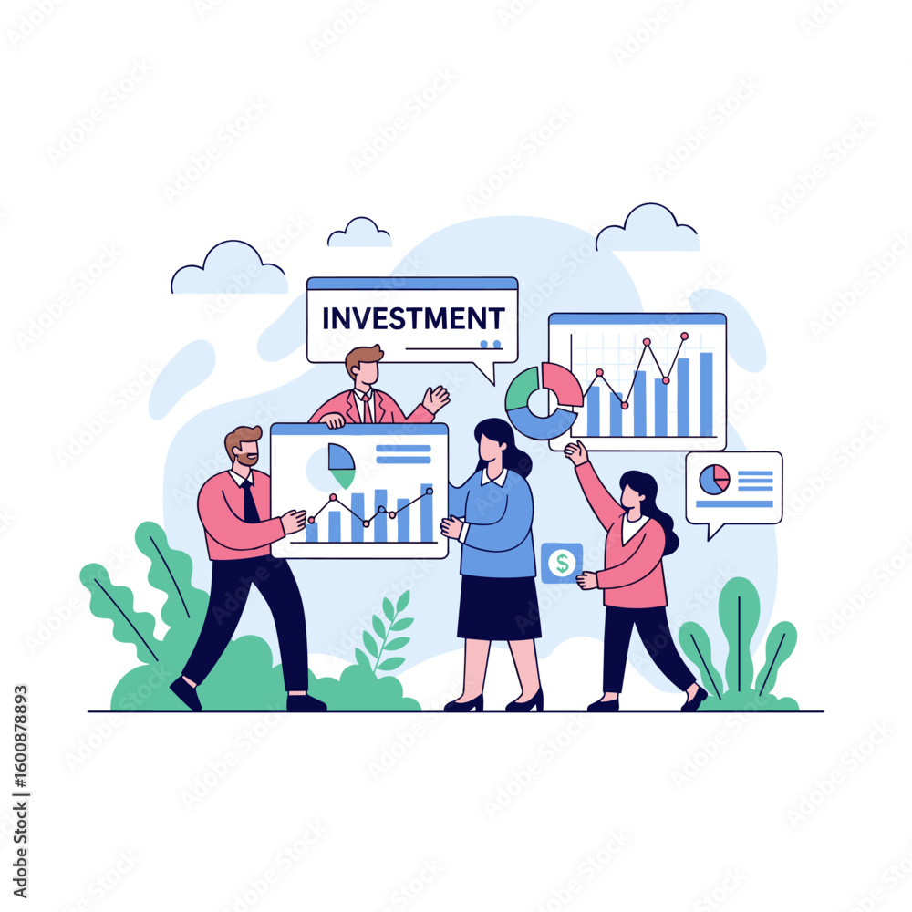Poster a dynamic investment team analyzing financial charts and data to optimize business growth and strate