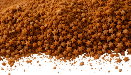 A close up shot showing a pile of brown star shaped food items and some crumbs like material around it .