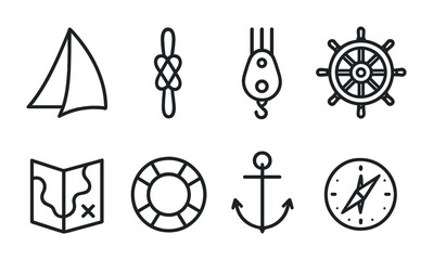 Sailing Essentials Icons. Outline icon set of sailing essentials: sails, knots, rigging, helm, navigation