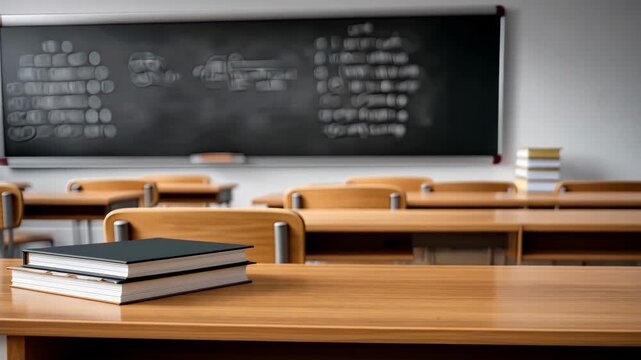 Classroom setting with empty desks and a blackboard displaying various mathematical problems
