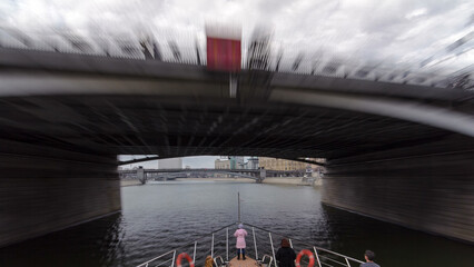 Moscow River. River cruise ships on the Moscow river winter timelapse hyperlapse