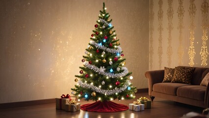 Christmas tree decorated with lights and ornaments in cozy living room  