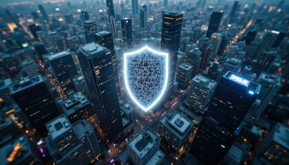 Futuristic metropolis, cityscape shielded by advanced energy protection system modern