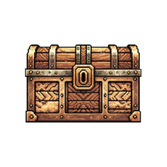 Pixel Style Ancient Desert Wooden Chest with Geometric Carvings - 2D Game Asset