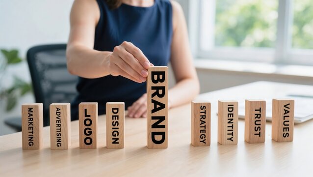 Businesswoman arranging wooden blocks representing brand building concepts such as marketing design identity strategy and trust.