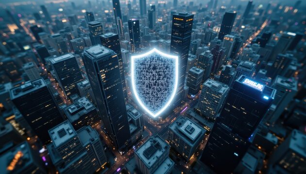 Futuristic metropolis, cityscape shielded by advanced energy protection system modern - Powered by Adobe