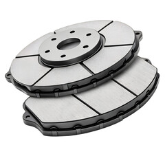 Two brake discs with pads stacked on top of each other, transparent background