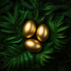 Golden Easter Eggs on Tropical Leaves