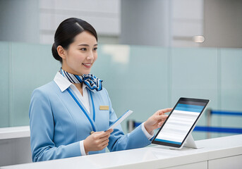 Young Asian female receptionist using digital tablet at modern front desk