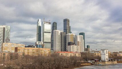 Moscow City business center skyscrapers office buildings and luxury apartments timelapse hyperlapse.