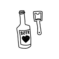 Doodle style beer bottle with opener and heart label in bold black vector on transparent background for Oktoberfest decorations, beer ads, casual bar visuals, and themed event posters