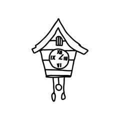 Vintage German cuckoo clock in folk house shape with Roman numerals drawn in black doodle line on transparent background for Oktoberfest posters, cultural heritage designs, and traditional icons