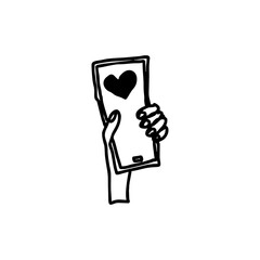 Hand holding smartphone with heart icon in bold black doodle style on transparent background for modern dating apps, social media love reactions, or technology and communication designs