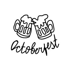 Hand drawn doodle of two beer mugs clinking with Oktoberfest lettering on transparent background for festive event graphics, beer party flyers and cultural celebration designs