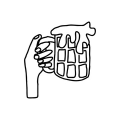 Hand holding foamy beer mug in bold black doodle style on transparent background for Oktoberfest poster design, bar menu illustrations, and German beer-themed celebration assets