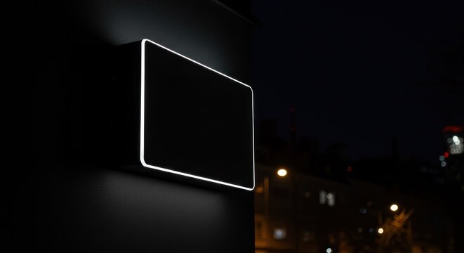 Illuminated sign mockup on a dark building exterior at night, with blurred city lights in the background.