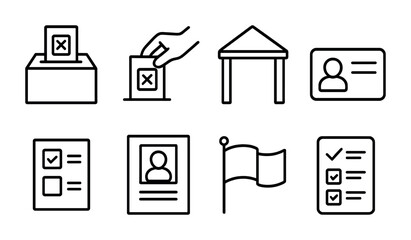 Fototapeta premium Election Icon Set. Outline icon set of election day: ballot box, voting hand, polling station, voter ID,