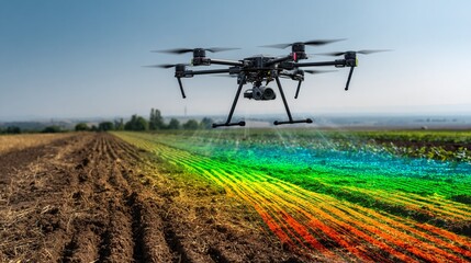 Advanced agricultural drone scanning fertile farmland, creating precision multi-color data visualization of soil and crop health conditions